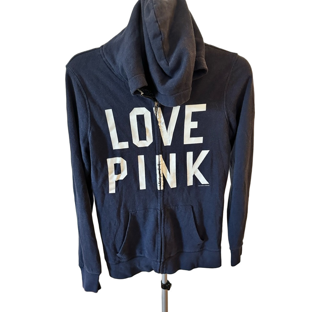 VICTORIA’S SECRET PINK BLUE AND WHITE ZIP UP HOODED SWEATSHIRT